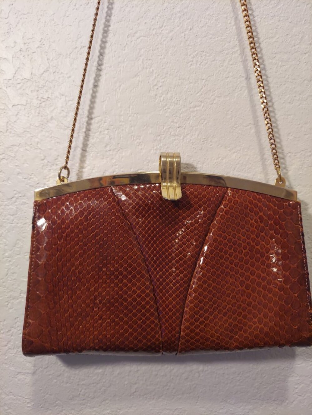 Vintage Argentine Leather Snakeskin Clutch Purse Brown Gold Chain - Picture 3 of 14